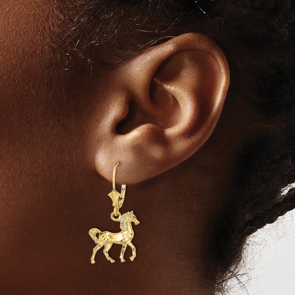 14K Yellow Gold 3D Polished Leverback Horse Earrings