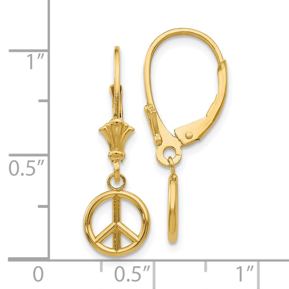 14K Yellow Gold 3D Peace Symbol Leverback Earrings