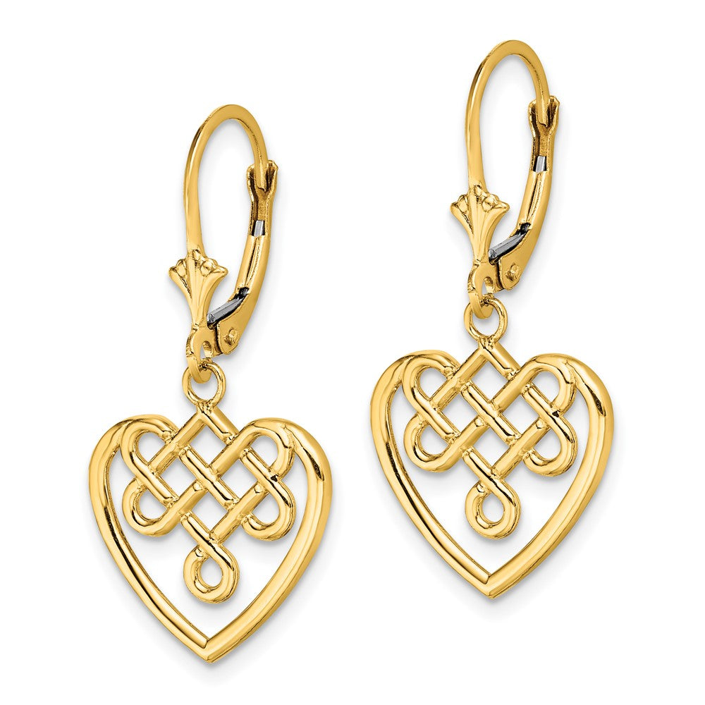 14K Yellow Gold Celtic Knot Heart Leverback Earrings