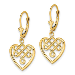 14K Yellow Gold Celtic Knot Heart Leverback Earrings