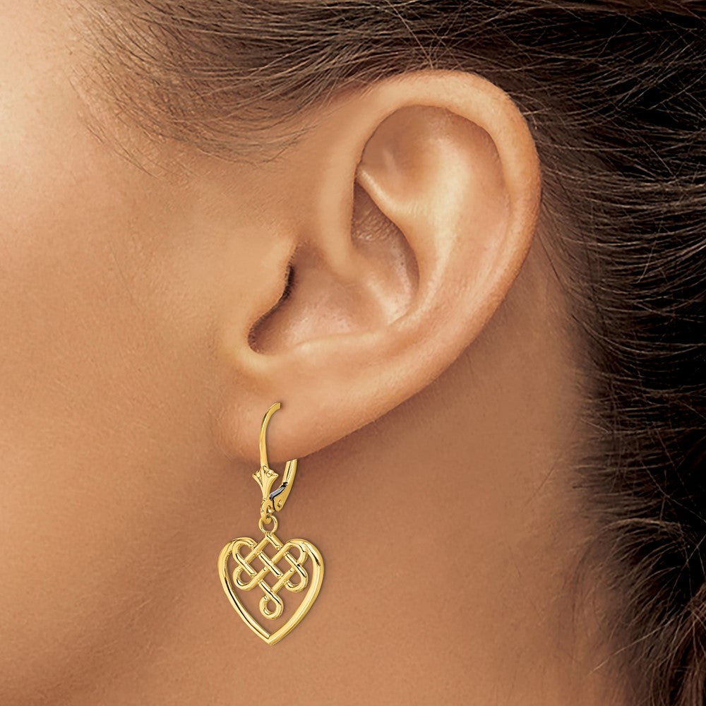 14K Yellow Gold Celtic Knot Heart Leverback Earrings