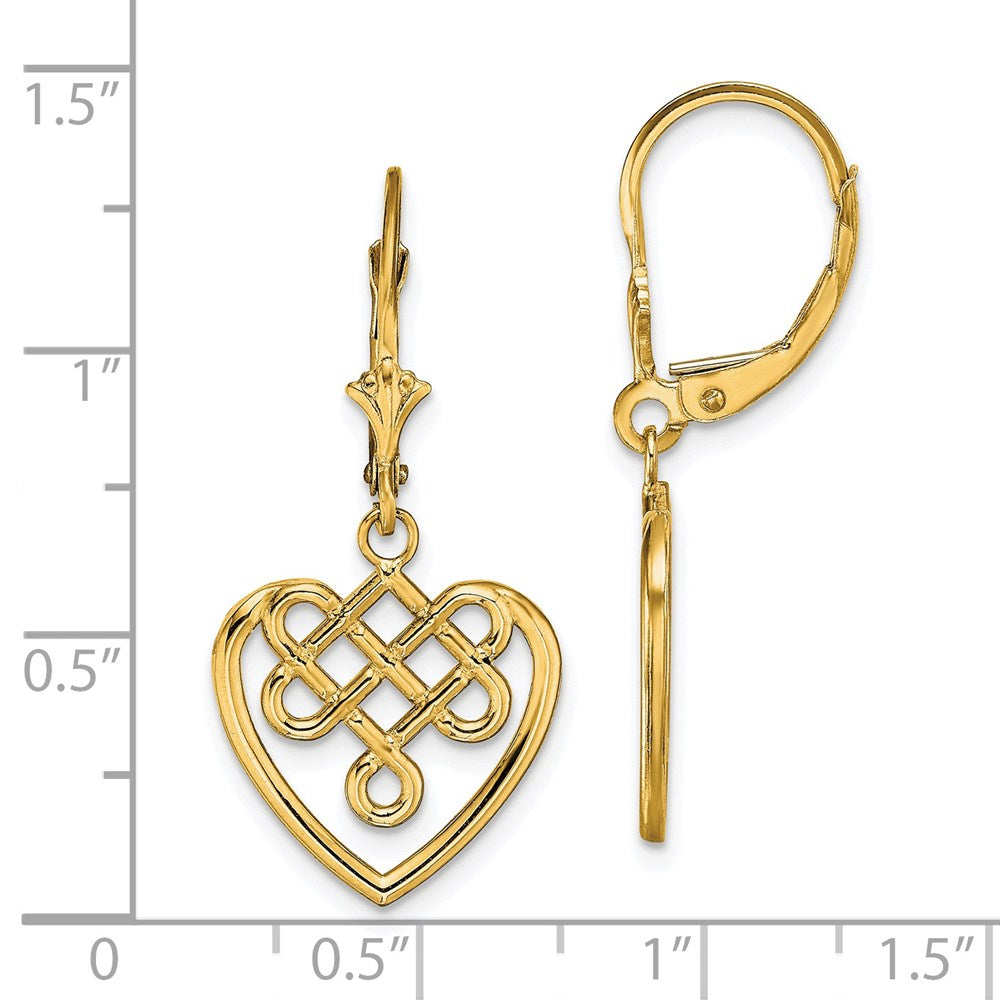 14K Yellow Gold Celtic Knot Heart Leverback Earrings