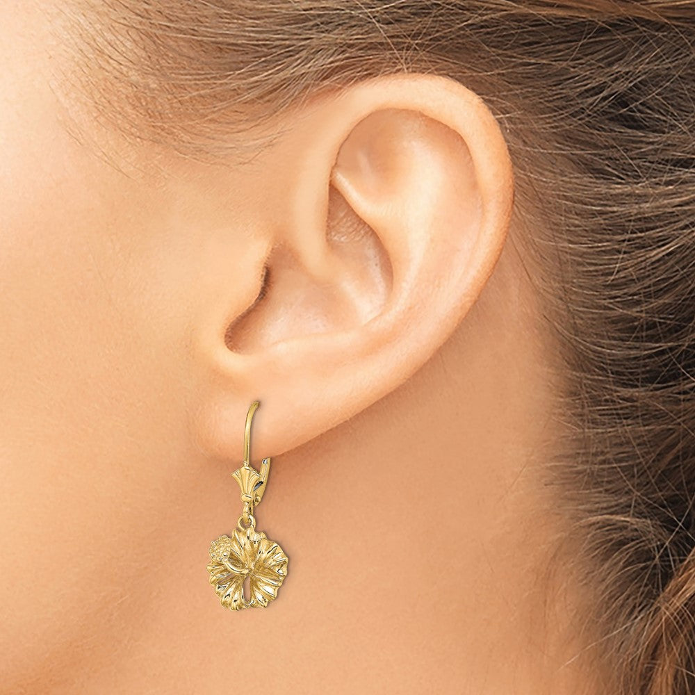 14K Yellow Gold 2D Textured Hibiscus Flower Leverback Earrings