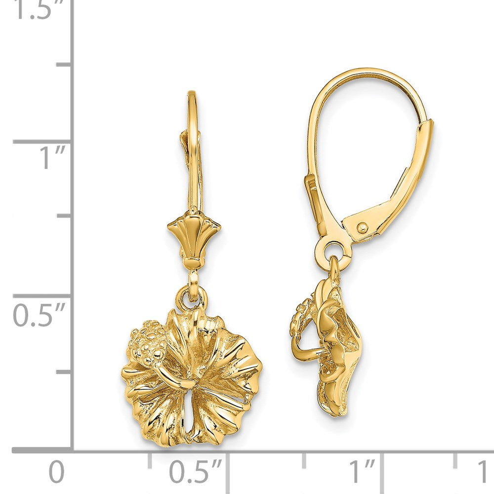 14K Yellow Gold 2D Textured Hibiscus Flower Leverback Earrings