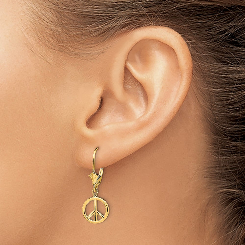 14K Yellow Gold 3D Peace Symbol Leverback Earrings