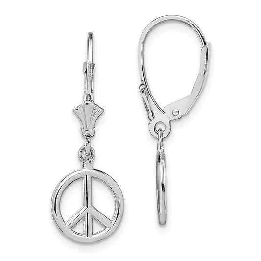 14K White Gold 3D Peace Symbol Leverback Earrings