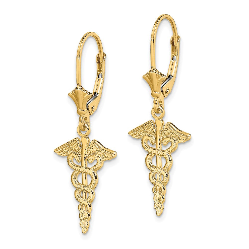 14K Yellow Gold Caduceus Leverback Earrings