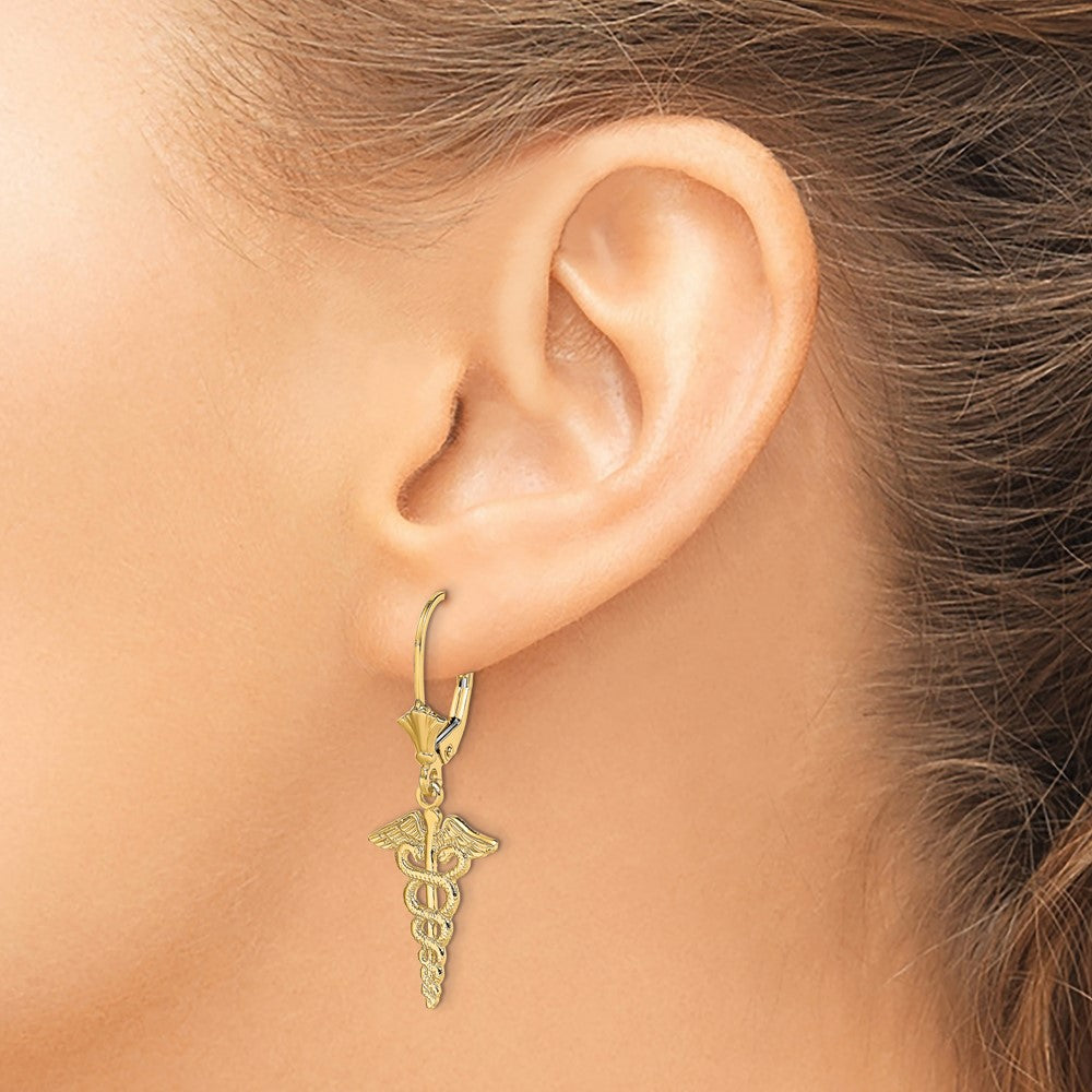 14K Yellow Gold Caduceus Leverback Earrings