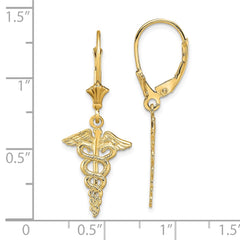 14K Yellow Gold Caduceus Leverback Earrings