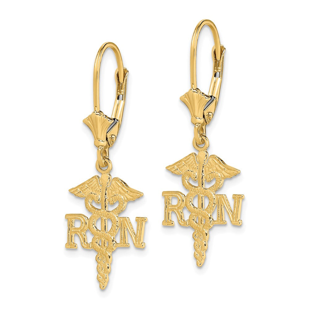 14K Yellow Gold RN Caduceus Leverback Earrings
