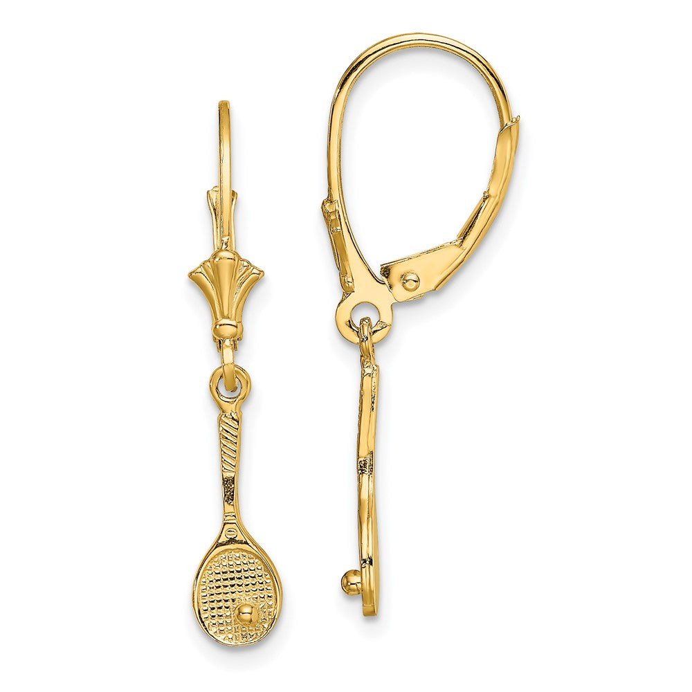 14K Yellow Gold Polished Tennis Racquet with Ball Leverback Earrings