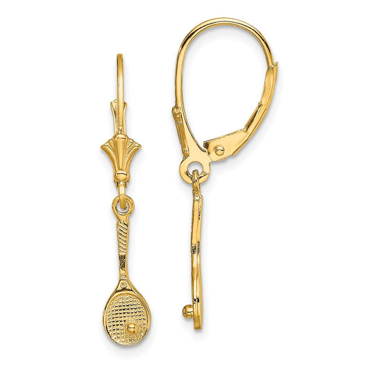 14K Yellow Gold Polished Tennis Racquet with Ball Leverback Earrings