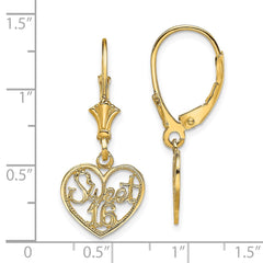 14K Yellow Gold Polished SWEET 16 in Heart Dangle Leverback Earrings