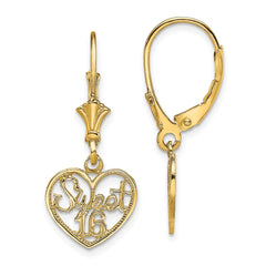 14K Yellow Gold Polished SWEET 16 in Heart Dangle Leverback Earrings