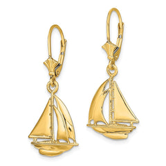 14K Yellow Gold 3D Polished Sailboat Leverback Earrings