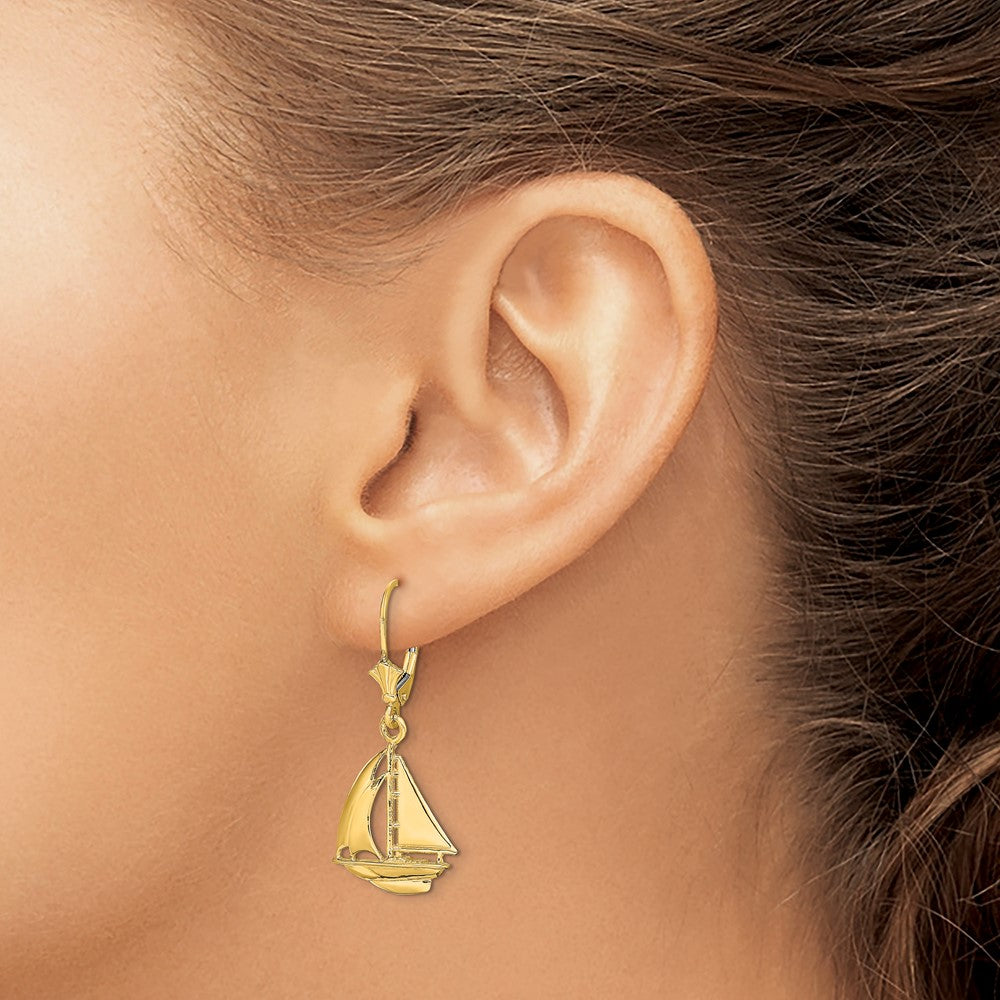 14K Yellow Gold 3D Polished Sailboat Leverback Earrings