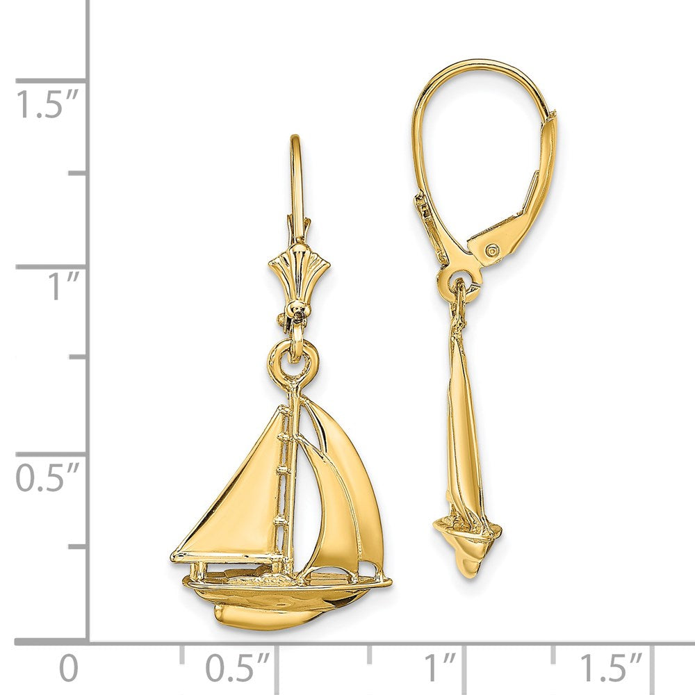 14K Yellow Gold 3D Polished Sailboat Leverback Earrings