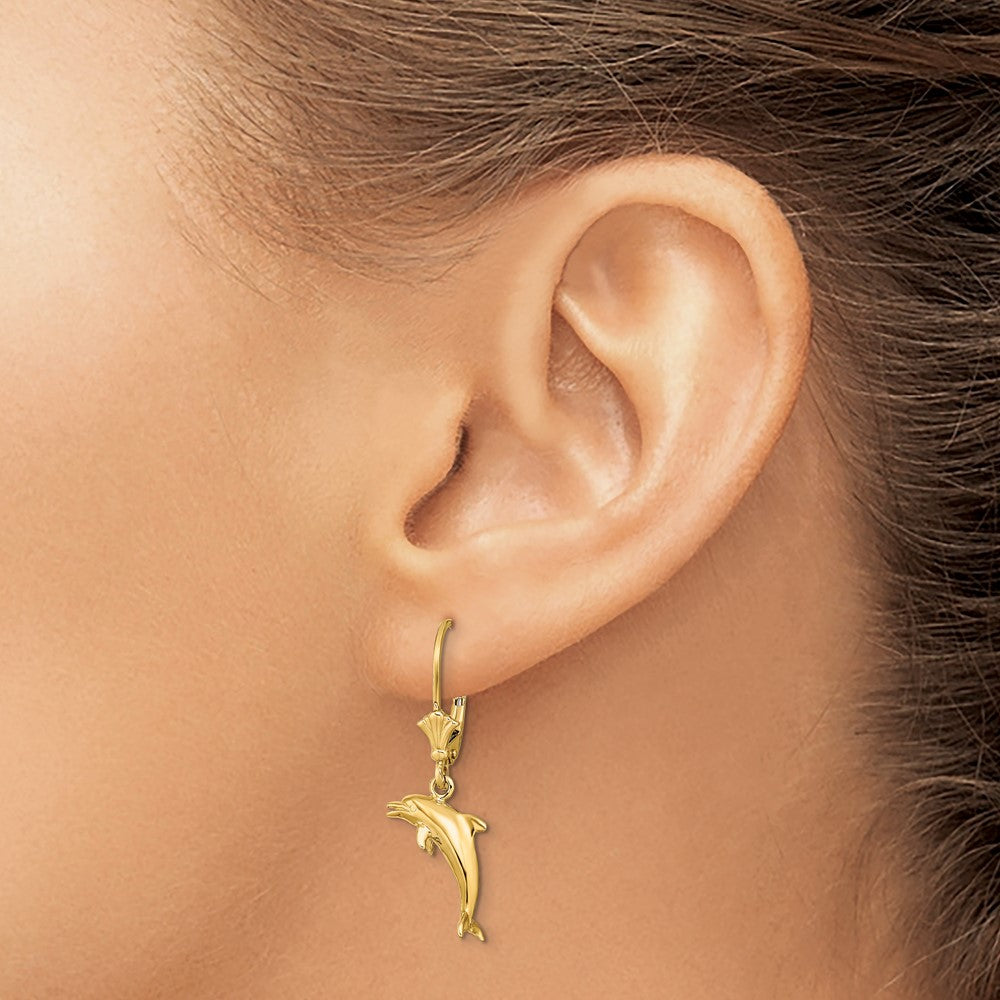 14K Yellow Gold 3D Mini Dolphin Jumping Leverback Earrings
