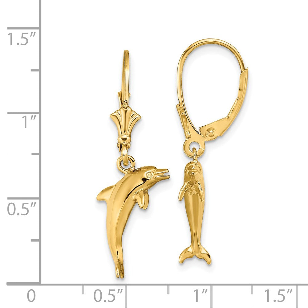 14K Yellow Gold 3D Mini Dolphin Jumping Leverback Earrings