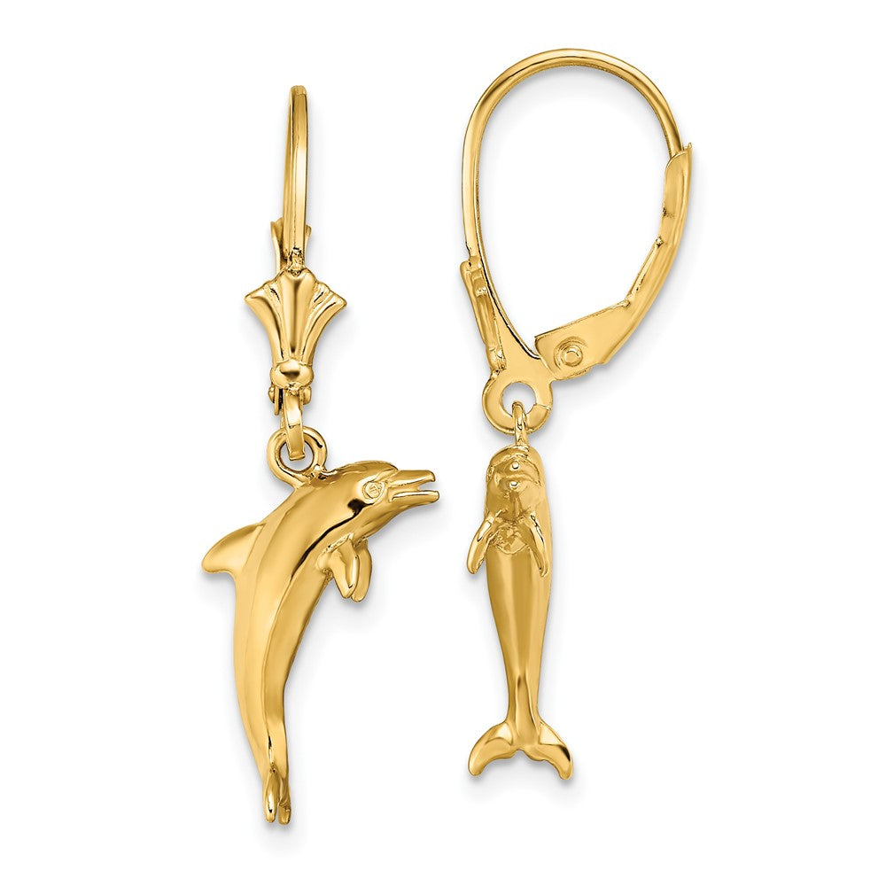 14K Yellow Gold 3D Mini Dolphin Jumping Leverback Earrings