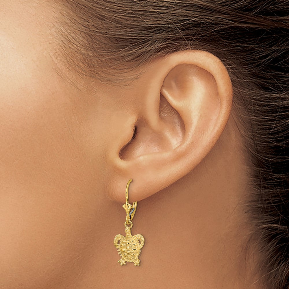 14K Yellow Gold Turtle Leverback Earrings