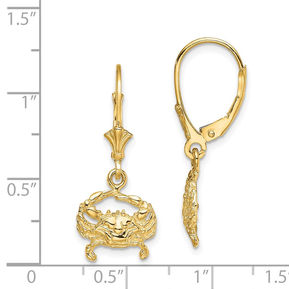 14K Yellow Gold 2D Blue Crab Leverback Earrings