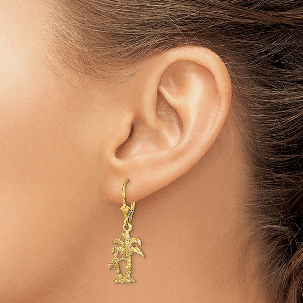 14K Yellow Gold 3D Textured Palm Trees Leverback Earrings