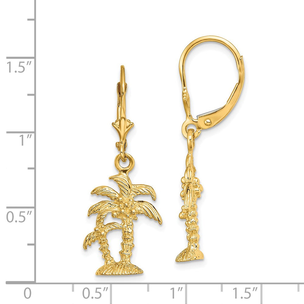 14K Yellow Gold 3D Textured Palm Trees Leverback Earrings