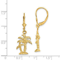 14K Yellow Gold 3D Textured Palm Trees Leverback Earrings