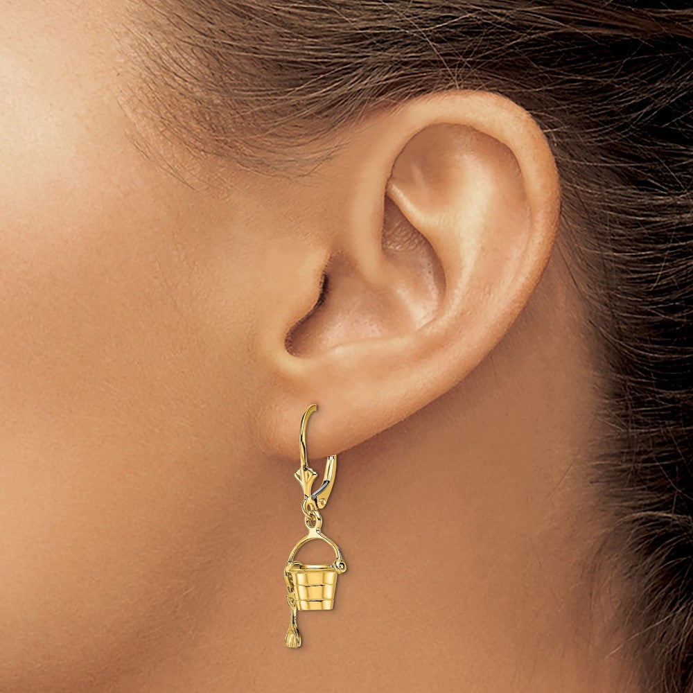 14K Yellow Gold 3D Beach Bucket with Shovel Leverback Earrings