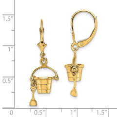 14K Yellow Gold 3D Beach Bucket with Shovel Leverback Earrings
