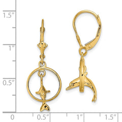 14K Yellow Gold 3D Dolphin Jumping Through Hoop Leverback Earrings