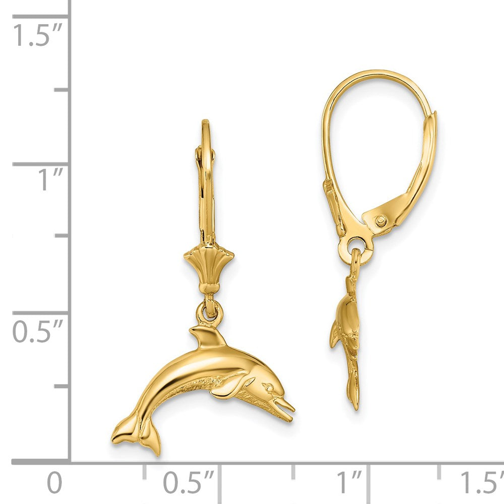 14K Yellow Gold Jumping Dolphin Leverback Earrings