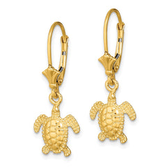 14K Yellow Gold 3D Polished Mini Sea Turtle Leverback Earrings