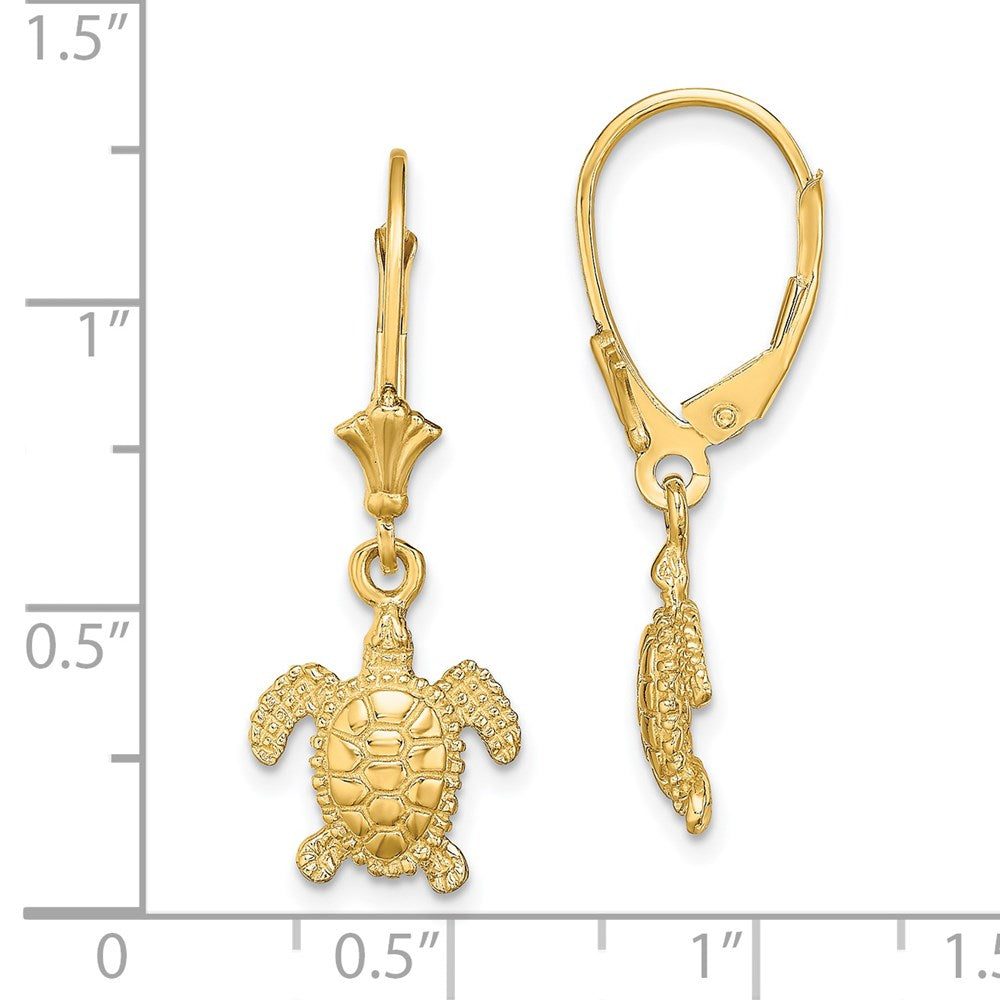 14K Yellow Gold 3D Polished Mini Sea Turtle Leverback Earrings