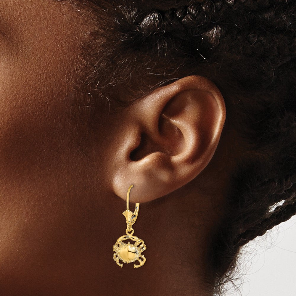 14K Yellow Gold Polished 2D Crab Leverback Earrings