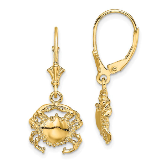 14K Yellow Gold Polished 2D Crab Leverback Earrings