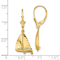 14K Yellow Gold 3D Sailboat Leverback Earrings