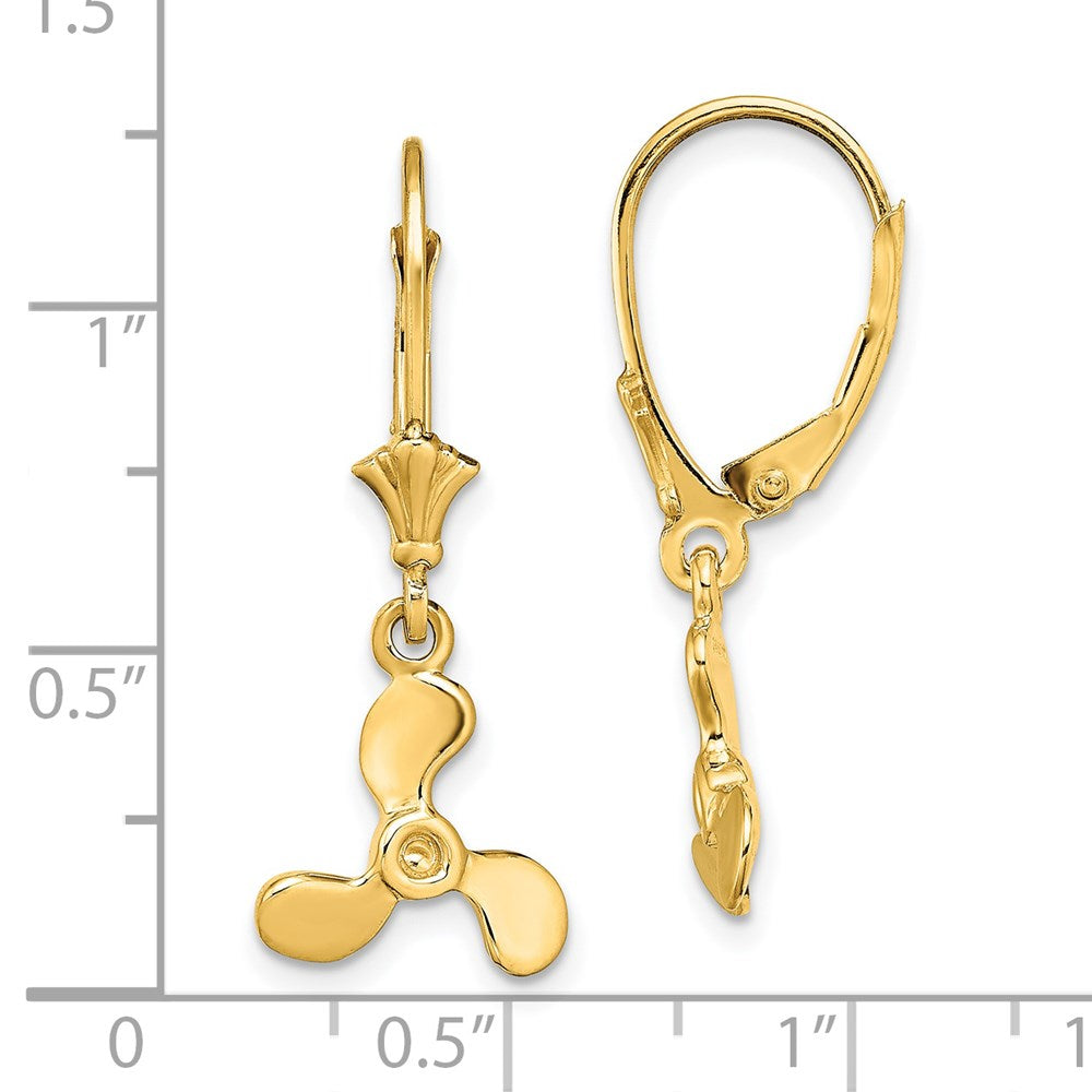 14K Yellow Gold 3D Mini Three Blade Propeller Leverback Earrings