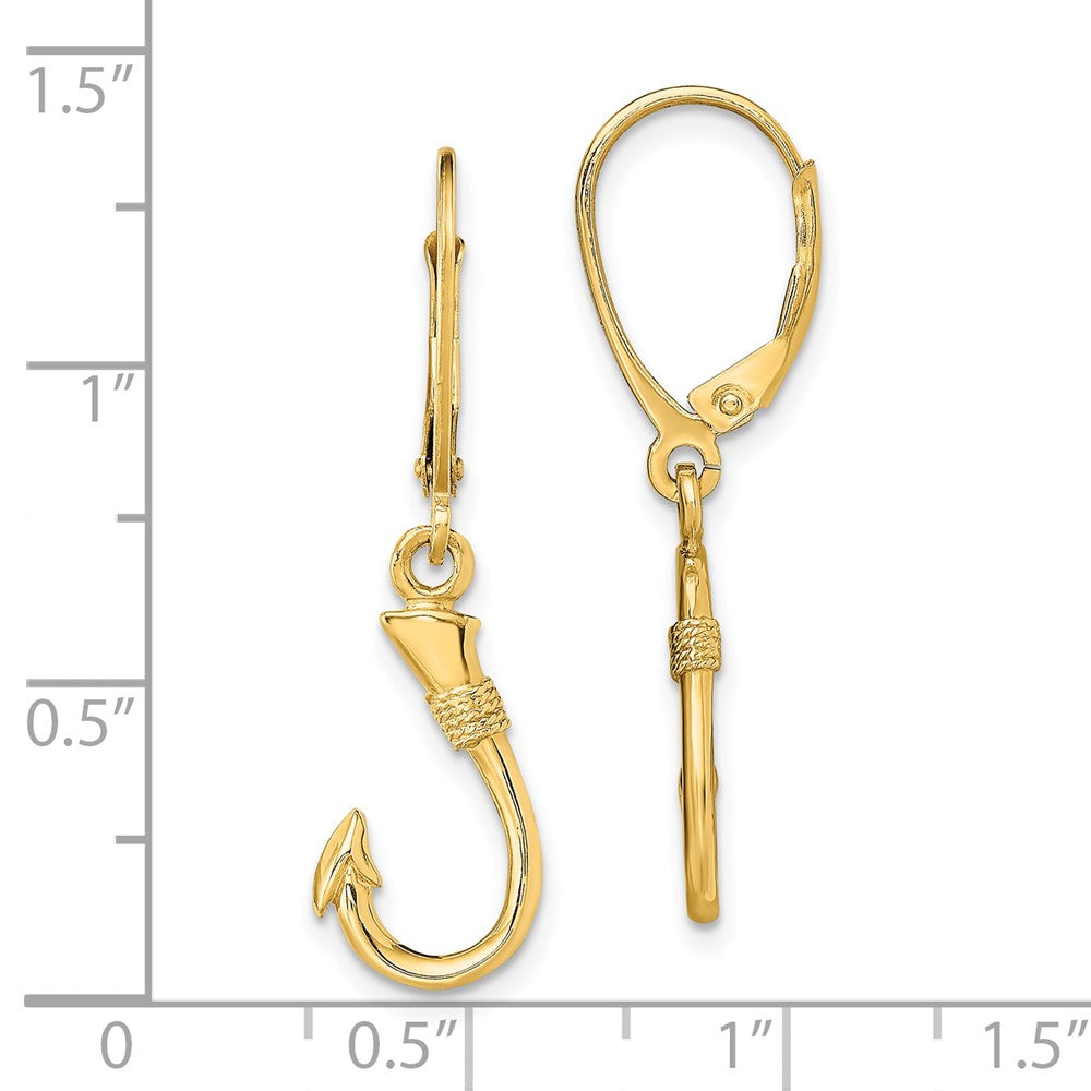 14K Yellow Gold 3D Fish Hook Leverback Earrings