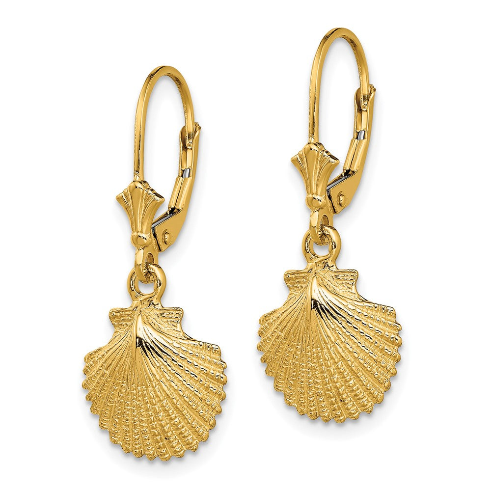 14K Yellow Gold 2D and Textured Scallop Shell Leverback Earrings