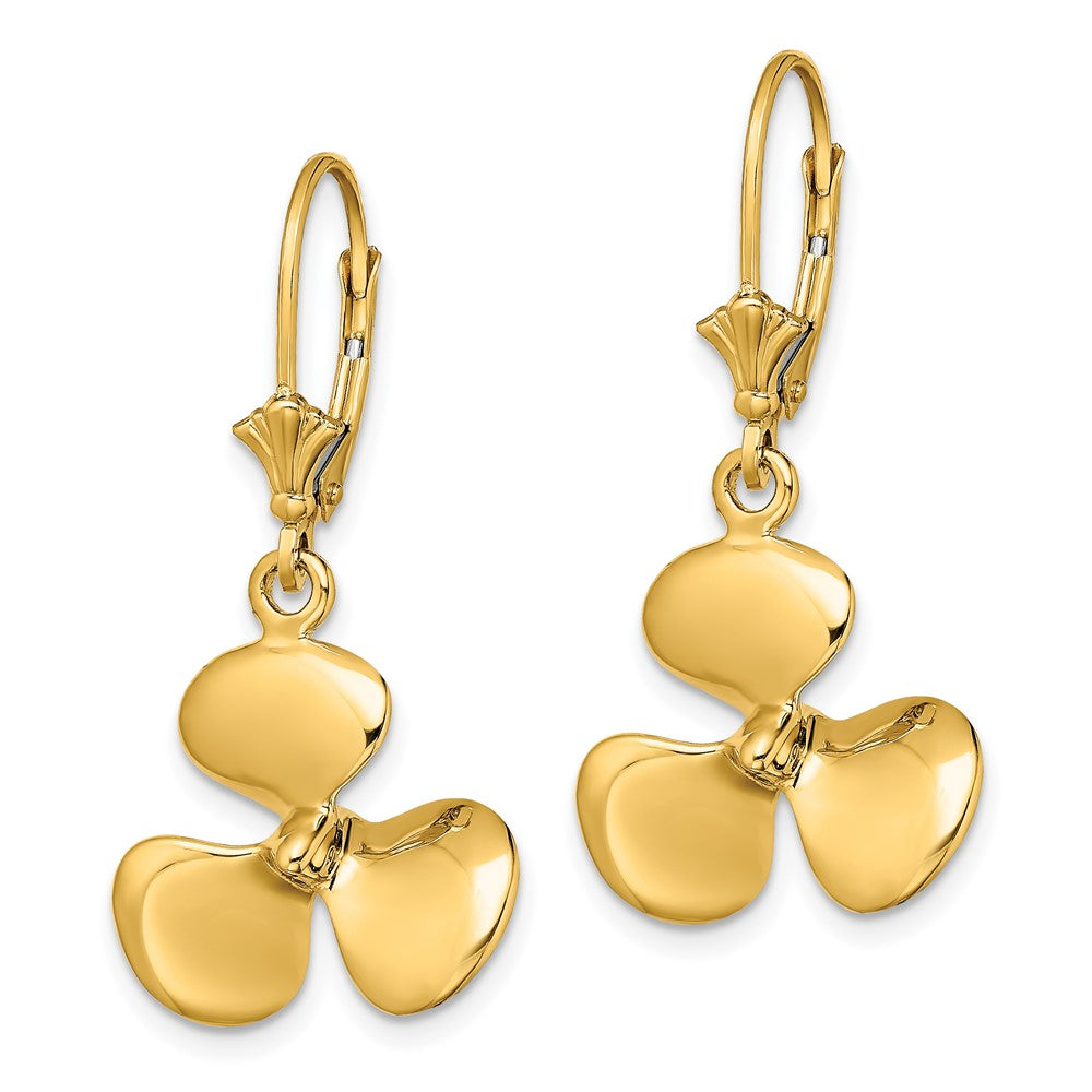 14K Yellow Gold 3D Three Blade Propeller Leverback Earrings