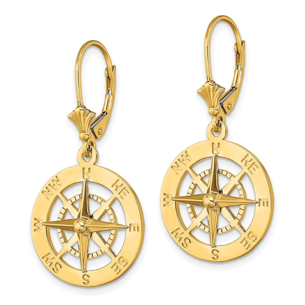14K Yellow Gold Nautical Compass Leverback Earrings