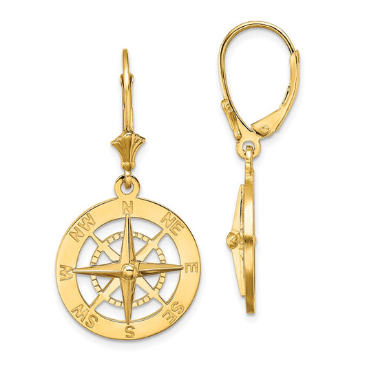 14K Yellow Gold Nautical Compass Leverback Earrings