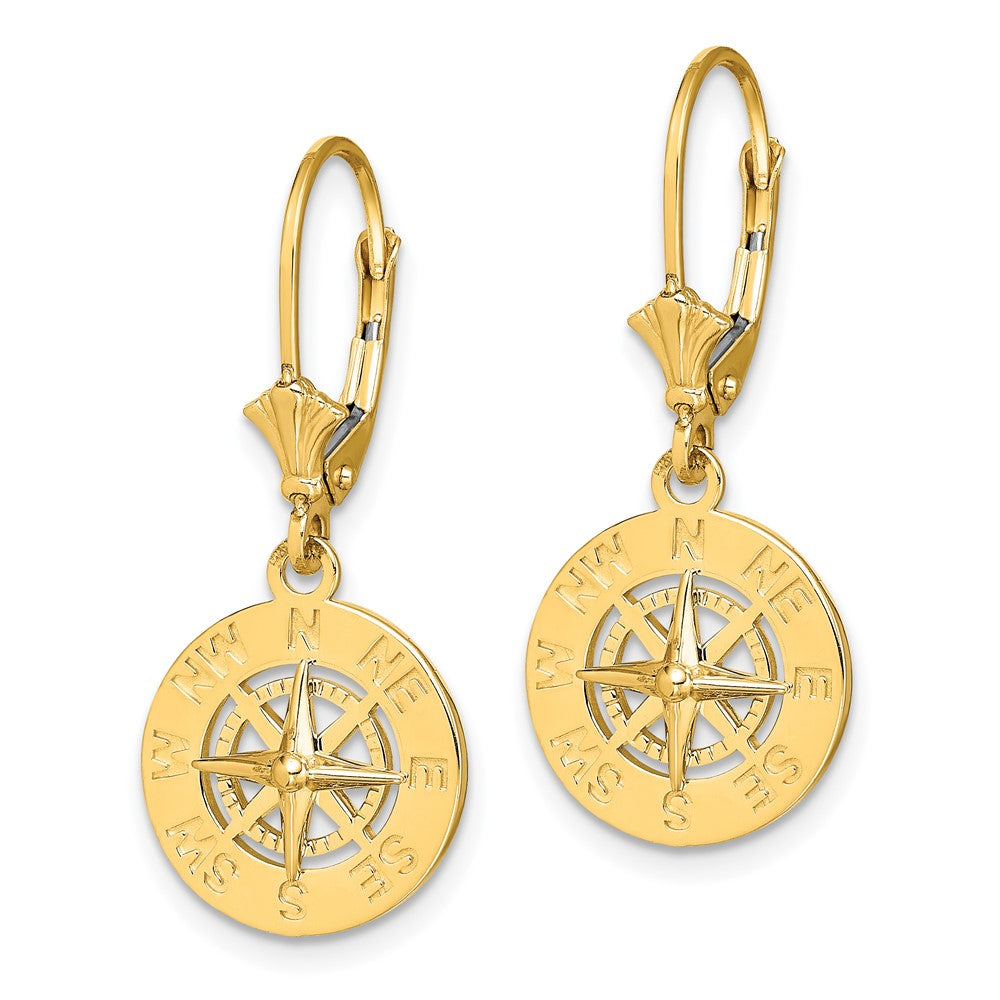 14K Yellow Gold Mini Nautical Compass Leverback Earrings