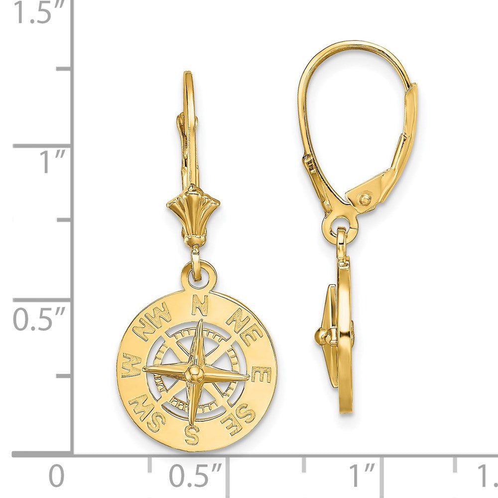 14K Yellow Gold Mini Nautical Compass Leverback Earrings