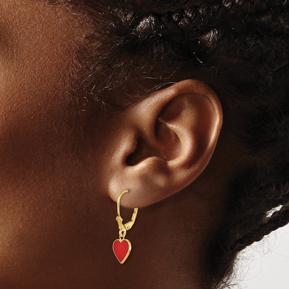 14K Yellow Gold Polished Enameled Heart Dangle Leverback Earrings