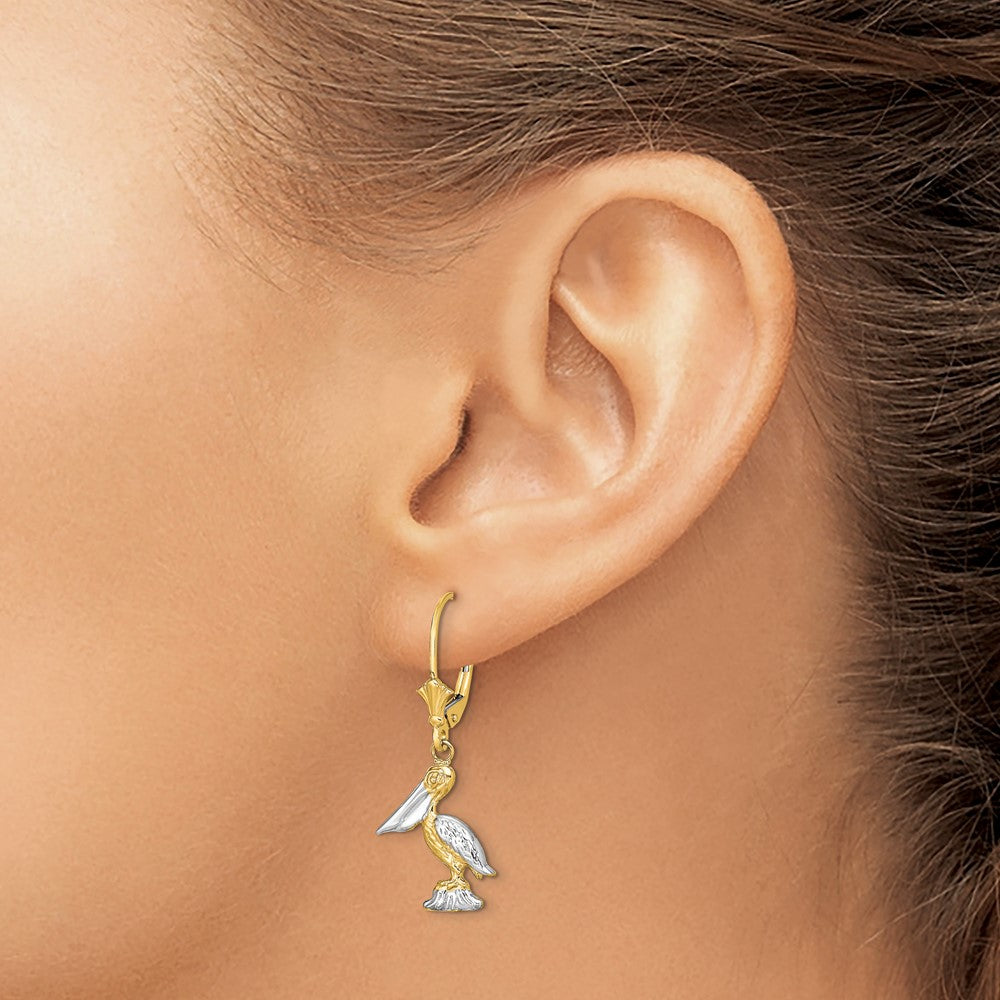 14K Two-Tone Gold 3D Pelican Standing with Leverback Earrings