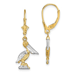 14K Two-Tone Gold 3D Pelican Standing with Leverback Earrings