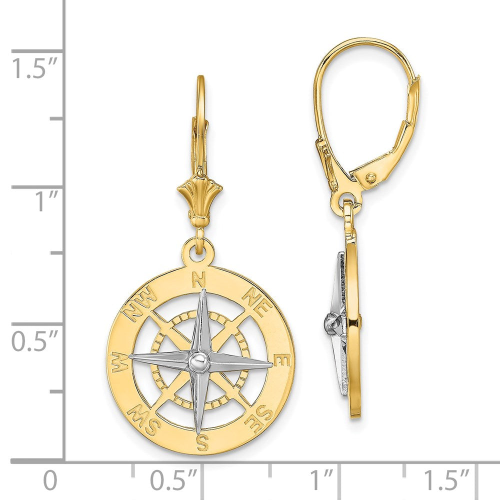 14K Two-Tone Gold Nautical Compass Leverback Earrings